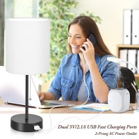 Table Lamps Set Of 2 With Usb Charging Ports, White Bedside Lamps With Ac Outlet, Nightstand Lamps With Pull Chain Switch, Minimalist Modern Desk Lamps With Fabric Shade For Living Room Bedroom Office