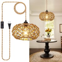 Foucasal Plug In Pendant Light, Farmhouse Hanging Chandelier Lights With 15Ft Hemp Rope Cord, Hand Woven Hanging Lights With Boho Plug In Chandelier For Living Dinning Room Bedroom Kitchen Island