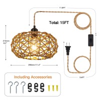 Foucasal Plug In Pendant Light, Farmhouse Hanging Chandelier Lights With 15Ft Hemp Rope Cord, Hand Woven Hanging Lights With Boho Plug In Chandelier For Living Dinning Room Bedroom Kitchen Island