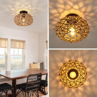 Foucasal Rattan Ceiling Light Fixtures Woven Wicker Semi Flush Mount Ceiling Light Coastal Boho Rattan Ceiling Light For Farmh