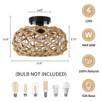 Foucasal Rattan Ceiling Light Fixtures Woven Wicker Semi Flush Mount Ceiling Light Coastal Boho Rattan Ceiling Light For Farmh