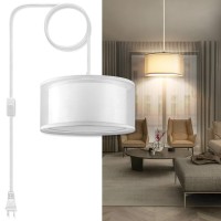 Plug In Pendant Light, 15Ft White Cord Hanging Lights With Plug In Cord, Hanging Light With On/Off Switch, Double Linen Shade Fabric Design, Pendant Llight Fixture For Bedroom Living Room Restaurant