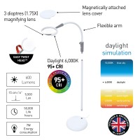 Daylight Company - Magnificent Pro - Magnifying Lamp, Bright 6,000K Daylight Leds, Cri 95+, 3 In 1 Lamp, 1.75X Semi-Rimless Lens, Lumens: 600, White