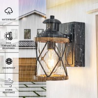 Dusk To Dawn Motion Sensor Outdoor Porch Light With Gfci Outlet,3 Lighting Modes Anti-Rust Waterproof Industrial Outdoor Lantern,Ul Etl Listed,Exterior Work Lights Rustic Wood-Like Finish Wall Light