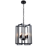 Ejerlya Farmhouse Lantern Chandelier Light Fixture Black, 4-Light Rustic Industrial Pendant Lighting, Adjustable Height Modern Square Cage Hanging Lights For Hallway Kitchen Island Living Room Bedroom