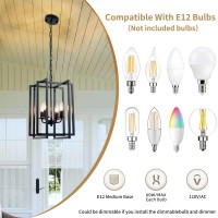 Ejerlya Farmhouse Lantern Chandelier Light Fixture Black, 4-Light Rustic Industrial Pendant Lighting, Adjustable Height Modern Square Cage Hanging Lights For Hallway Kitchen Island Living Room Bedroom