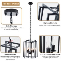 Ejerlya Farmhouse Lantern Chandelier Light Fixture Black, 4-Light Rustic Industrial Pendant Lighting, Adjustable Height Modern Square Cage Hanging Lights For Hallway Kitchen Island Living Room Bedroom