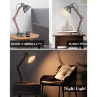 Elyona Industrial Table Lamp Sapele Wood Desk Lamp With Upgraded Wireless Charger Usb C Port Swing Arm Reading Task Light Fo