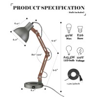 Elyona Industrial Table Lamp Sapele Wood Desk Lamp With Upgraded Wireless Charger Usb C Port Swing Arm Reading Task Light Fo