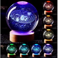 3D Solar System Crystal Ball Lamp 315 Inch K9 Crystal Ball Night Light With Wooden Base 16 Colors Changing With Remote Control