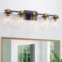 Atocif 5 Light Bathroom Vanity Light Fixtures, Black And Gold Vanity Light Above Mirror With Clear Glass Shade, Modern Wall Sconce Black With Bronze Vintage