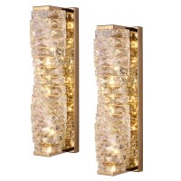 Soutas Led Wall Lights Set Of 2 Gold Indoor Dimmable Crystal Glass Wall Light Fixtures Rectangle Style Modern Elegant Wall Mount Lamp For Bedroom Living Room Kitchen (Gold-2 Pack)