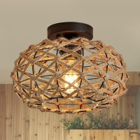 Mltyczy Flush Mount Ceiling Light Coastal Woven Hemp Rope Cage Pendant Light Boho Retro Rustic Rattan Wicker Light Fixture For Hallway Dining Room Entryway, Ul Listed