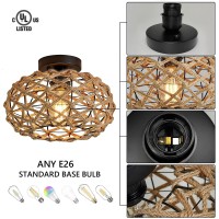 Mltyczy Flush Mount Ceiling Light Coastal Woven Hemp Rope Cage Pendant Light Boho Retro Rustic Rattan Wicker Light Fixture For Hallway Dining Room Entryway, Ul Listed