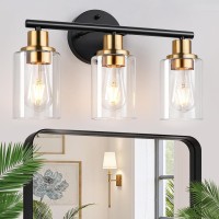 3-Light Bathroom Light Fixtures, Black And Gold Bathroom Wall Lights, Modern Bathroom Vanity Light With Clear Glass Shade, Bathroom Wall Lamp For Mirror Kitchen Bedroom Living Room Hallway Cabinet