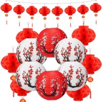 Fumete 20 Pcs 12 Chinese Japanese Paper Lantern And 8 Chinese Red Paper Lanterns Cherry Blossom Decorative Hanging Lanterns