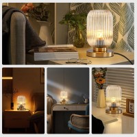 Auwieou Bedside Table Lamp Mid Century Glass Table Lamps Modern Globe Table Lamp Gold Desk Lamp Nightstand Lamp With Amber Pumpkin Design With Ribbed Glass Shade For Bedroom Living Room Office