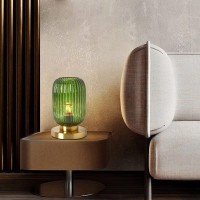 Auwieou Glass Table Lamps Mid Century Modern Globe Table Lamp Gold Desk Lamp Nightstand Lamp With Green Pumpkin Design Ribbed Glass Bedside Table Lamp For Bedroom Living Room Office