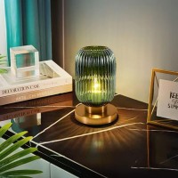 Auwieou Glass Table Lamps Mid Century Modern Globe Table Lamp Gold Desk Lamp Nightstand Lamp With Green Pumpkin Design Ribbed Glass Bedside Table Lamp For Bedroom Living Room Office