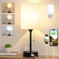 Small Bedroom Lamps With Usb C And A Ports 3 Color Temperatures - 2700K 3500K 5000K Pull Chain White Nightstand Bedside Table Lamps With Ac Outlet, Metal Base For Kids Reading