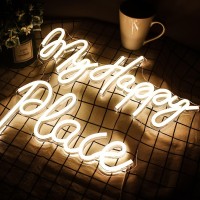 Wanxing My Happy Place Neon Sign Warm Neon Signs Letters Neon Lights For Bedroom Happy Light For Wedding Decoration Birthday Par