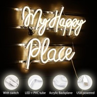 Wanxing My Happy Place Neon Sign Warm Neon Signs Letters Neon Lights For Bedroom Happy Light For Wedding Decoration Birthday Par