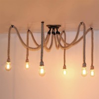 Retro Diy Hemp Ropes Hanging Light Industrial Rope Pendant Lights Vintage Multiple Adjustable Ceiling Light Creative Spider Chandelier 6 Flames Decorative For Cafe Restaurant Bar E26, Max, 40W