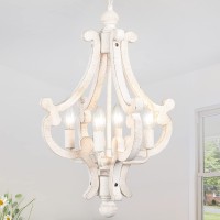 Wooden Farmhouse Chandelier 4 Lights Rustic Antique White Chandelier For Dining Room French Country Chandelier Orb Pendant Light