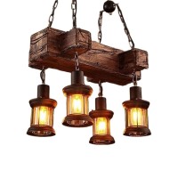 Usifaz Simple Wooden Creative Ceiling Hanging Chandelier, Industrial Lantern 4 Lights, Bar Art Antique Rustic Metal Glass Wood Decorative Courtyard Indoor Home Fixture American Country Style Lighting