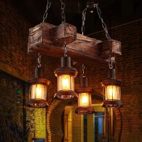 Usifaz Simple Wooden Creative Ceiling Hanging Chandelier, Industrial Lantern 4 Lights, Bar Art Antique Rustic Metal Glass Wood Decorative Courtyard Indoor Home Fixture American Country Style Lighting