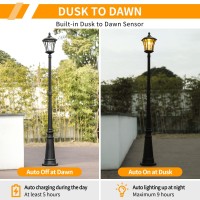 Lutec Outdoor Solar Lamp Post Light Dusk To Dawn Waterproof Pole Light With Patterned Glass Exterior Vintage Black Solar Power