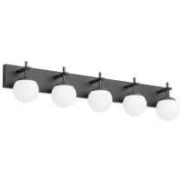 Ralbay 5-Light Mid Century Modern Vanity Light Matte Black Bathroom Wall Lighting Fitures Black Milky Glass Globe Vanity Light For Bathroom