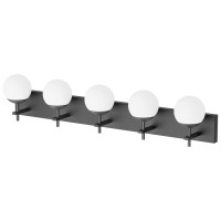 Ralbay 5-Light Mid Century Modern Vanity Light Matte Black Bathroom Wall Lighting Fitures Black Milky Glass Globe Vanity Light For Bathroom