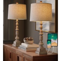 Oneach 23.5 Inches Rustic Farmhouse Table Lamps Set Of 2 For Living Room Bedside Lamps Vintage Bedroom Lamps For Study Kids Room Office White Washed