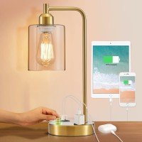 Lediary Gold Table Lamps With Ac Outlet And 2 Usb Ports, Fully Stepless Dimmable Bedside Lamps, Nightstand Lamp With Glass Shade For Bedroom, Living Room, 2200K Bulbs Included