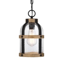 Dociueon Outdoor Pendant Light For Porch,Waterproof Modern Exterior Hanging Lantern With Adjustable Chain, In Black And Wood Grain Finish With Air Bubble Glass For Front Door,Entryway,Farmhouse