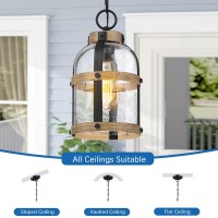 Dociueon Outdoor Pendant Light For Porch,Waterproof Modern Exterior Hanging Lantern With Adjustable Chain, In Black And Wood Grain Finish With Air Bubble Glass For Front Door,Entryway,Farmhouse