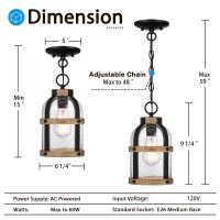 Dociueon Outdoor Pendant Light For Porch,Waterproof Modern Exterior Hanging Lantern With Adjustable Chain, In Black And Wood Grain Finish With Air Bubble Glass For Front Door,Entryway,Farmhouse