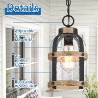 Dociueon Outdoor Pendant Light For Porch,Waterproof Modern Exterior Hanging Lantern With Adjustable Chain, In Black And Wood Grain Finish With Air Bubble Glass For Front Door,Entryway,Farmhouse