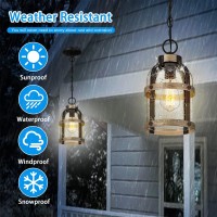 Dociueon Outdoor Pendant Light For Porch,Waterproof Modern Exterior Hanging Lantern With Adjustable Chain, In Black And Wood Grain Finish With Air Bubble Glass For Front Door,Entryway,Farmhouse