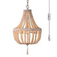 3-Light Wood Beaded Boho Chandelier Plug In Pendant Light Fixture With 16.4Ft Swag Cord Antique Metal Finish Natural Color Beads For Dining Room Kitchen Island Girl Bedroom Living Room