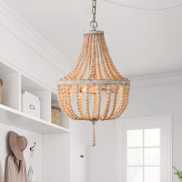 3-Light Wood Beaded Boho Chandelier Plug In Pendant Light Fixture With 16.4Ft Swag Cord Antique Metal Finish Natural Color Beads For Dining Room Kitchen Island Girl Bedroom Living Room