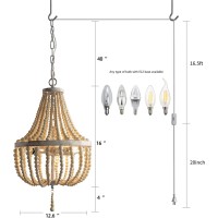 3-Light Wood Beaded Boho Chandelier Plug In Pendant Light Fixture With 16.4Ft Swag Cord Antique Metal Finish Natural Color Beads For Dining Room Kitchen Island Girl Bedroom Living Room