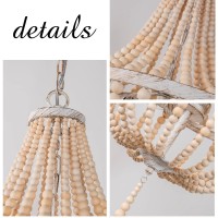 3-Light Wood Beaded Boho Chandelier Plug In Pendant Light Fixture With 16.4Ft Swag Cord Antique Metal Finish Natural Color Beads For Dining Room Kitchen Island Girl Bedroom Living Room