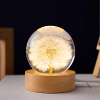 Marzius Flower Crystal Ball Night Light,2.4 Inch Glass Ball Night Lamp With Woodern Base,Decorations Gifts For Men,Women,Kids,Boys,Girls,Teens (Dandelion)