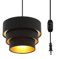 Mateyrie Plug In Pendant Light, Hanging Lamp With Dimmable Switch, Drum Pendant Light Fixtures With 15 Ft Cord, Swag Light With Black Fabric Shade For Bedroom, Kitchen, Living Room