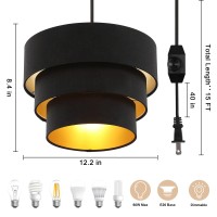 Mateyrie Plug In Pendant Light, Hanging Lamp With Dimmable Switch, Drum Pendant Light Fixtures With 15 Ft Cord, Swag Light With Black Fabric Shade For Bedroom, Kitchen, Living Room