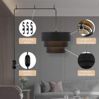 Mateyrie Plug In Pendant Light, Hanging Lamp With Dimmable Switch, Drum Pendant Light Fixtures With 15 Ft Cord, Swag Light With Black Fabric Shade For Bedroom, Kitchen, Living Room