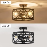 Tsmkledan 3-Light Farmhouse Semi Flush Mount Ceiling Light, 12.6 Inch Rustic Metal Drum Light Fixtures Ceiling Mount, Black Industrial Light Fixtures For Kitchen Living Room Hallway Foyer Bedroom