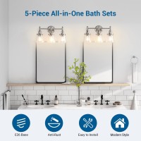 Dewenwils Bathroom Light Fixtures 5Piece Allinone Bathroom Light Set 3 Light Brushed Nickel Bathroom Vanity Light With Glas